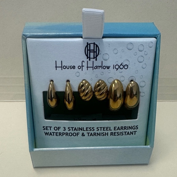 HOUSE OF HARLOW Set of 3 Gold Tone Stainless Steel Hoop Earrings $85 NIB